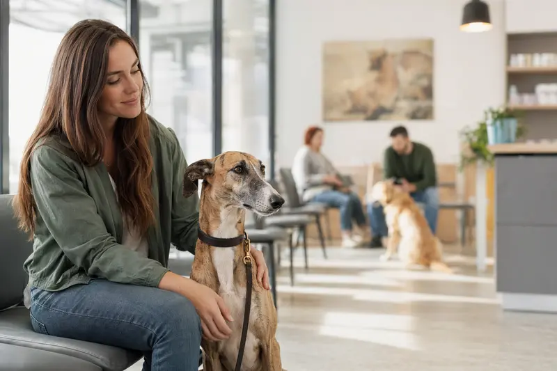 Ein Galgo Español sitzt ruhig neben seinem Besitzer im hellen Wartezimmer einer modernen Tierarztpraxis.